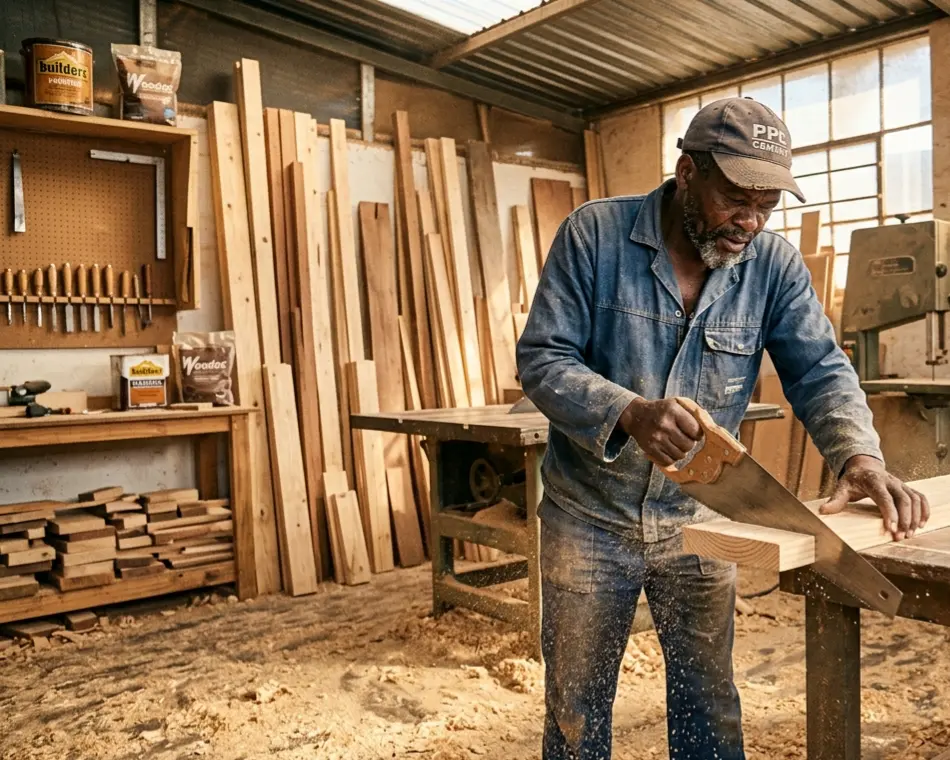 Carpenter working with timber in a sawdust-filled workshop